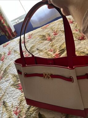 Michael Kors Cream Canvas Tote with Red Trim and Gold MK Logo